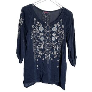 Johnny Was Embroidered Floral V-Neck Button Top Ruched Billowy Sleeve Boho Sz S